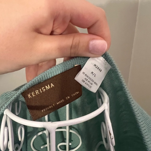 Kerisma Center Seam 3/4 Sleeve V-Neck Blue Raven Knit Sweater Pocket Top M/L - Picture 3 of 4